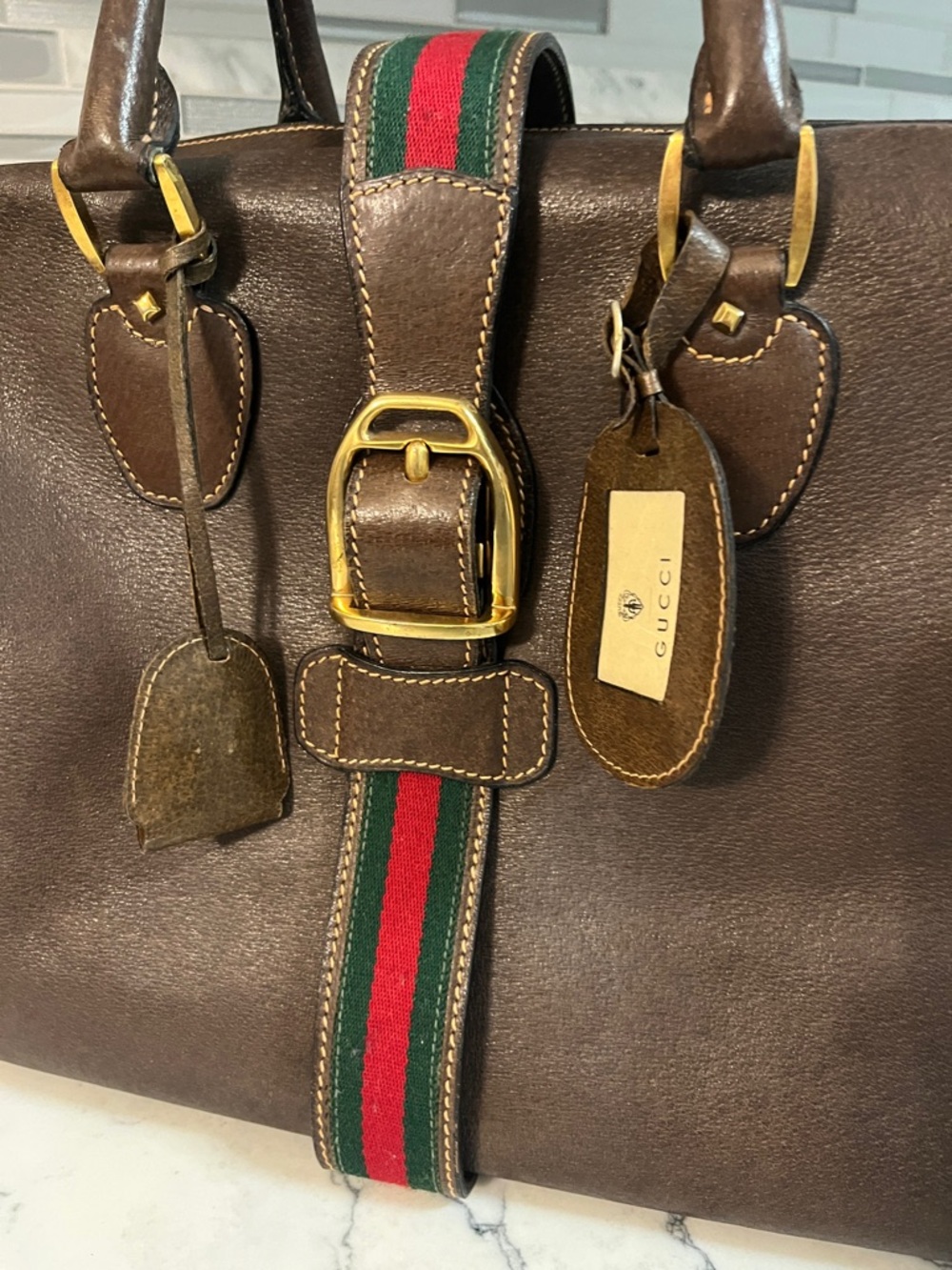🦋Ultra Rare🦋 Gucci Brown Leather Duffel with Sherry Line Stripe - Picture 2 of 11